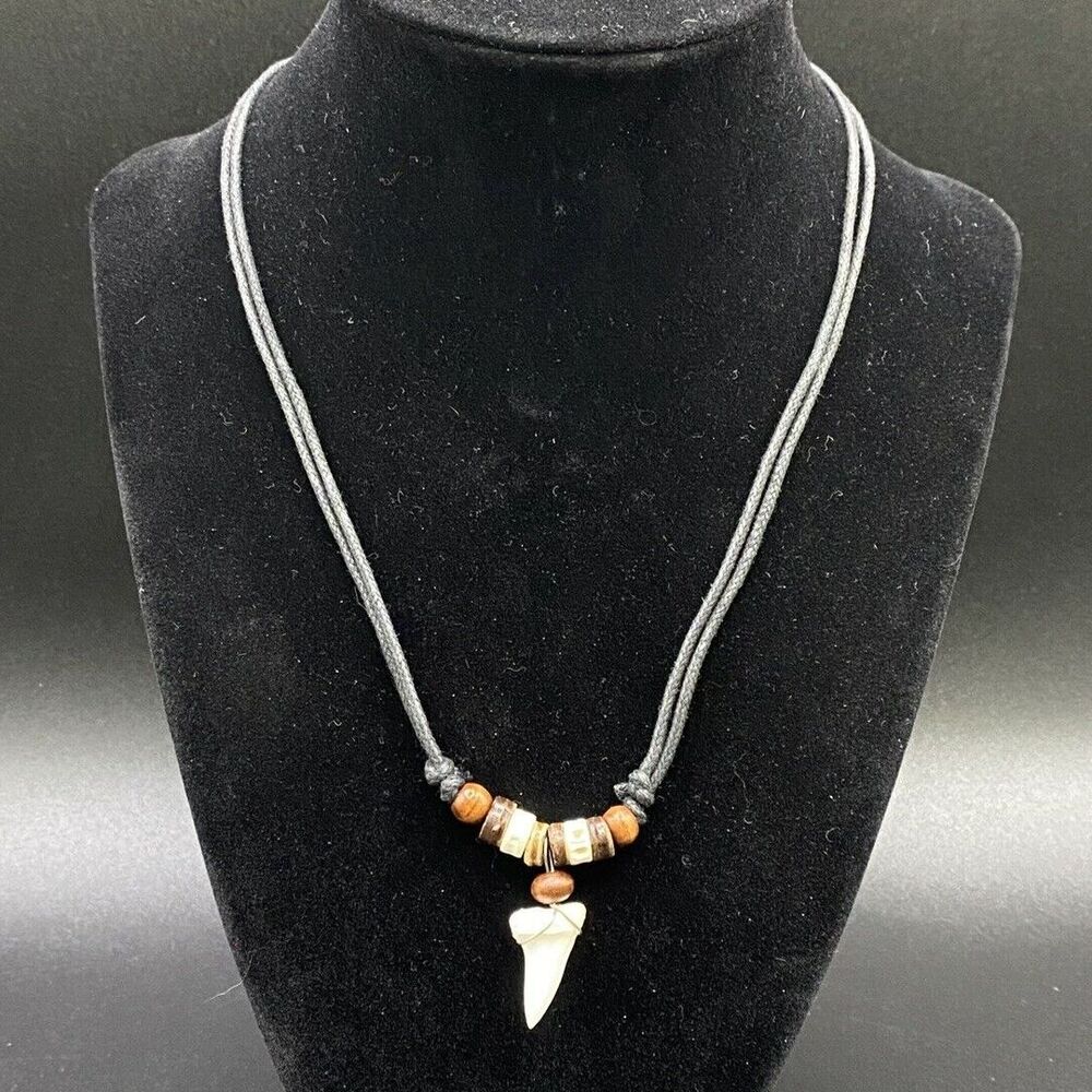 White Shark Tooth With Wood Beads On Black Cord Necklace